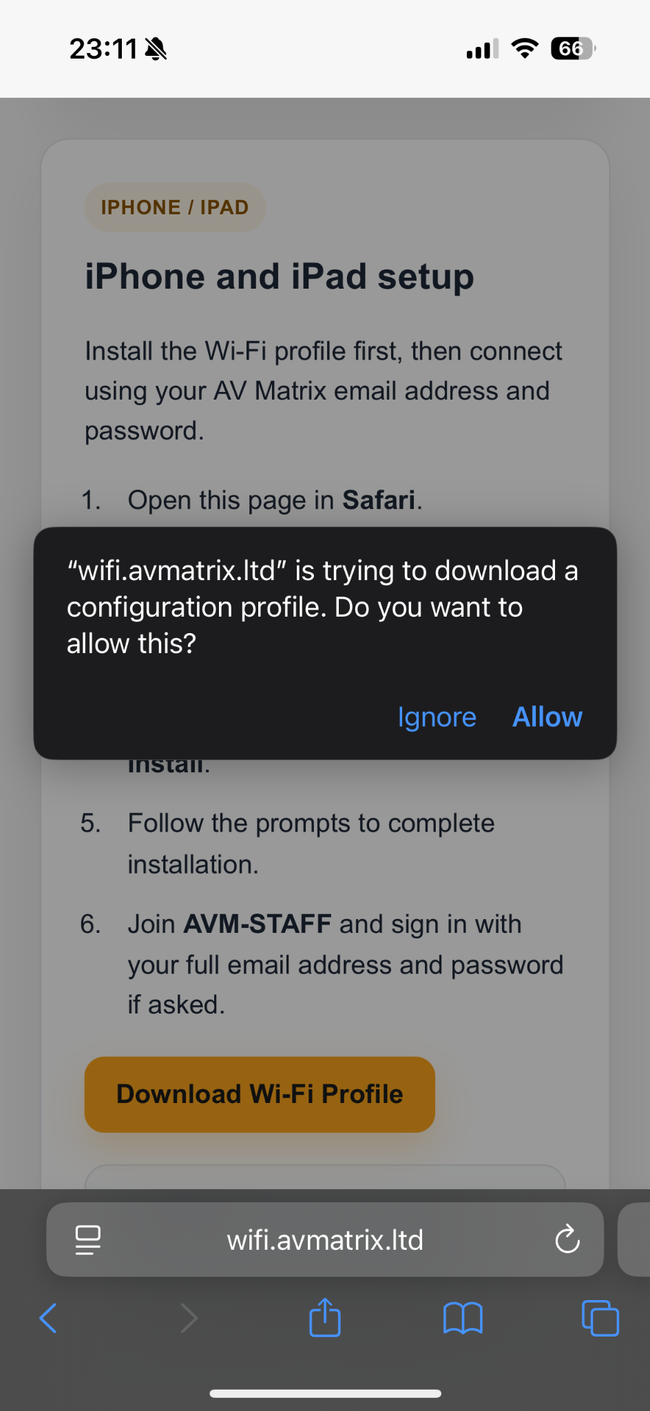 Safari asking whether to allow a configuration profile download.