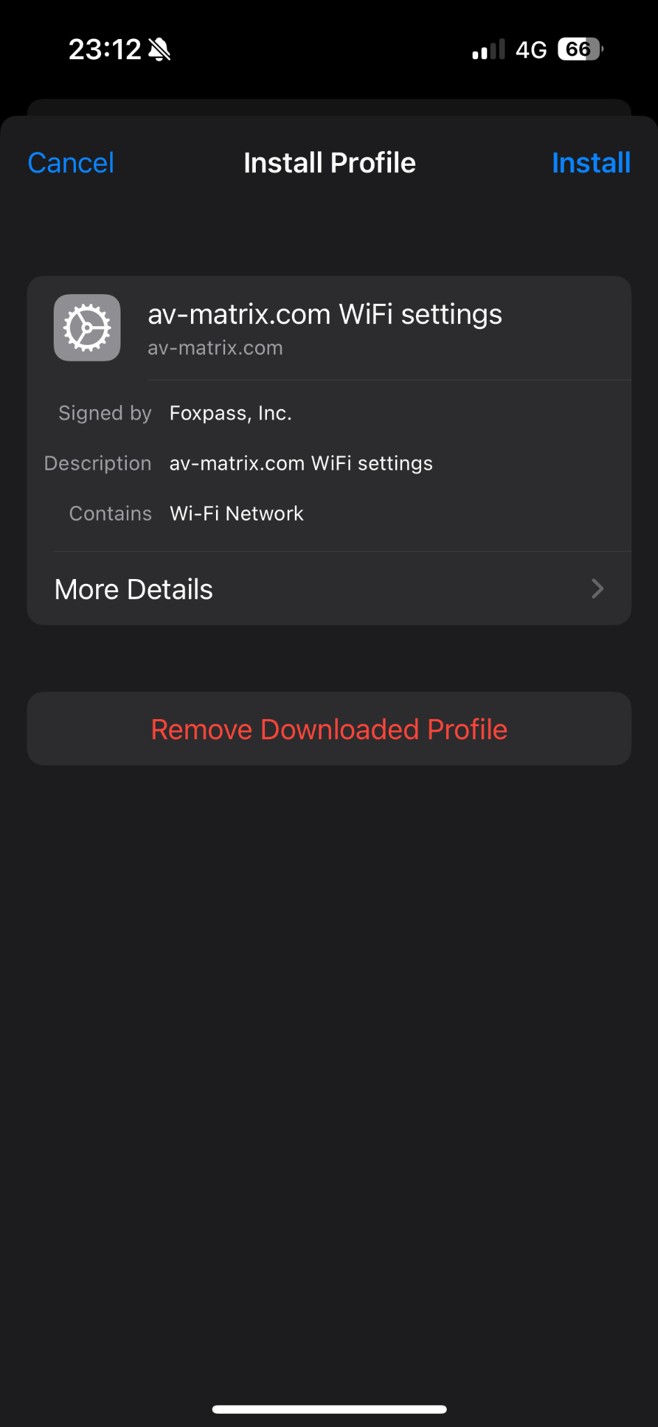 Install Profile screen for av-matrix.com WiFi settings on iPhone.