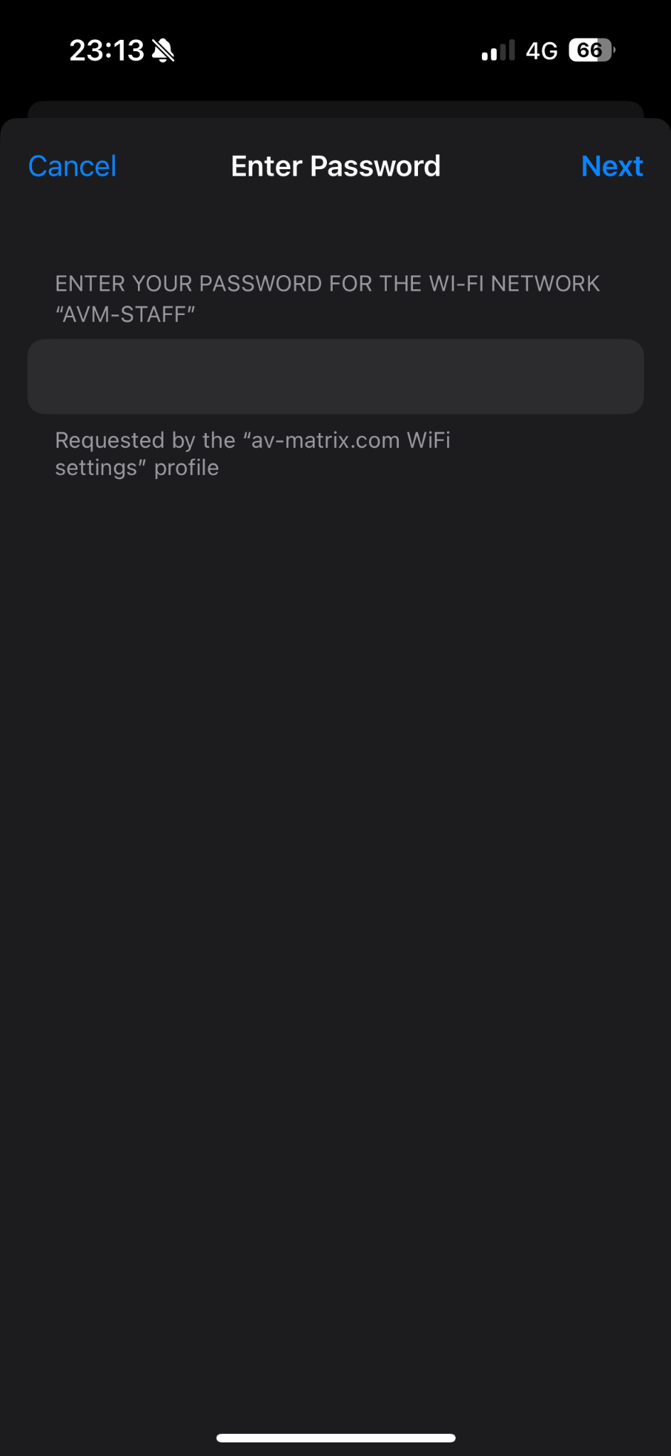 iPhone prompt asking for the Wi-Fi password for AVM-STAFF.
