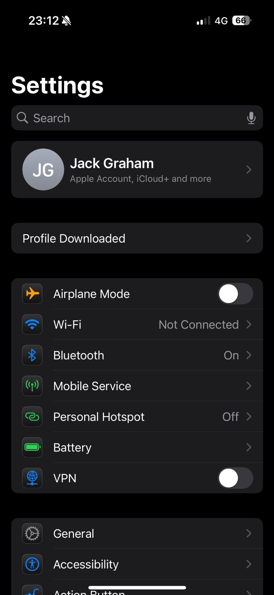 Settings screen showing the Profile Downloaded option.