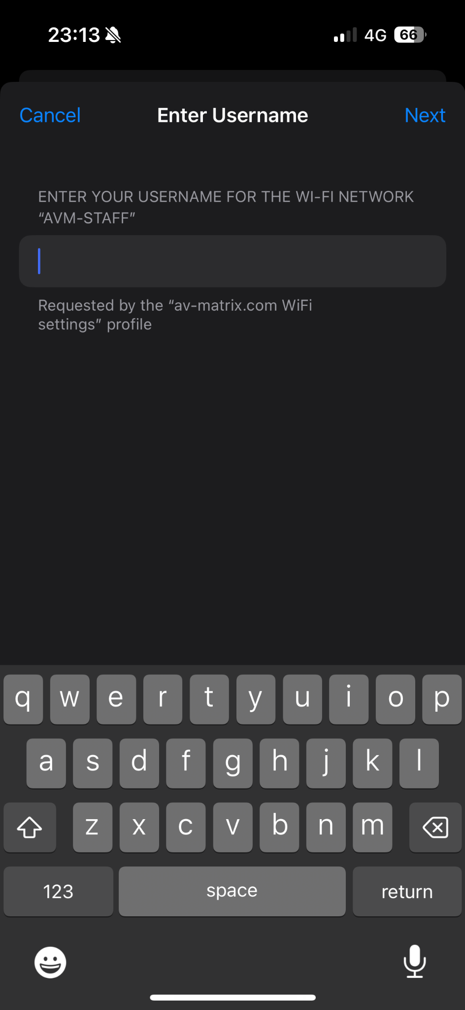 iPhone prompt asking for the Wi-Fi username for AVM-STAFF.