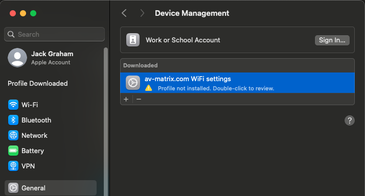 Mac Device Management showing av-matrix.com WiFi settings as downloaded.