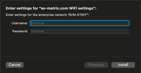 Mac prompt asking for username and password for AVM-STAFF Wi-Fi settings.