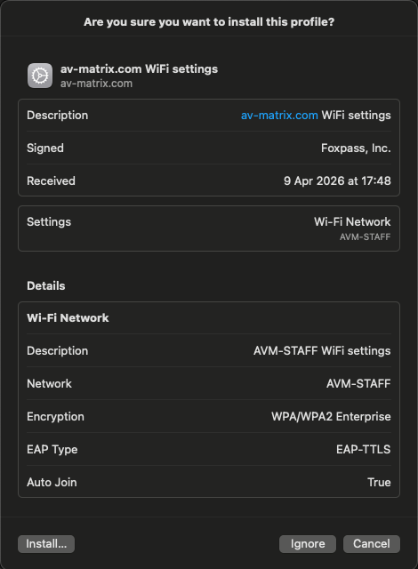 Mac confirmation screen asking whether to install the av-matrix.com WiFi settings profile.