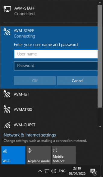 Windows Wi-Fi sign-in prompt requesting username and password for AVM-STAFF.