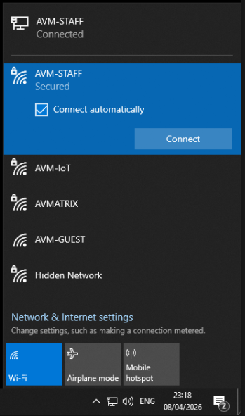 Windows Wi-Fi menu showing AVM-STAFF with the Connect button.